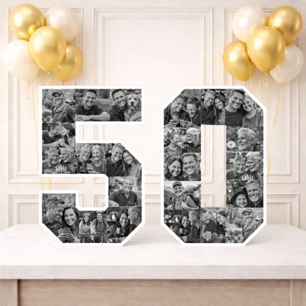 Personalised 50th Birthday Photo Collage Board (Black and White)