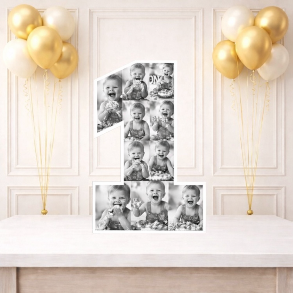 Personalised 1st Birthday Photo Collage Board- 10 Photos (Black and White)