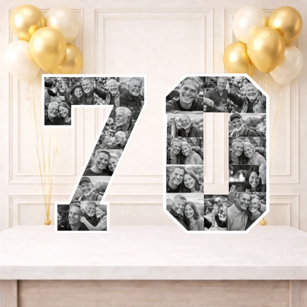 Personalised 70th Birthday Photo Collage Board (Black and White)